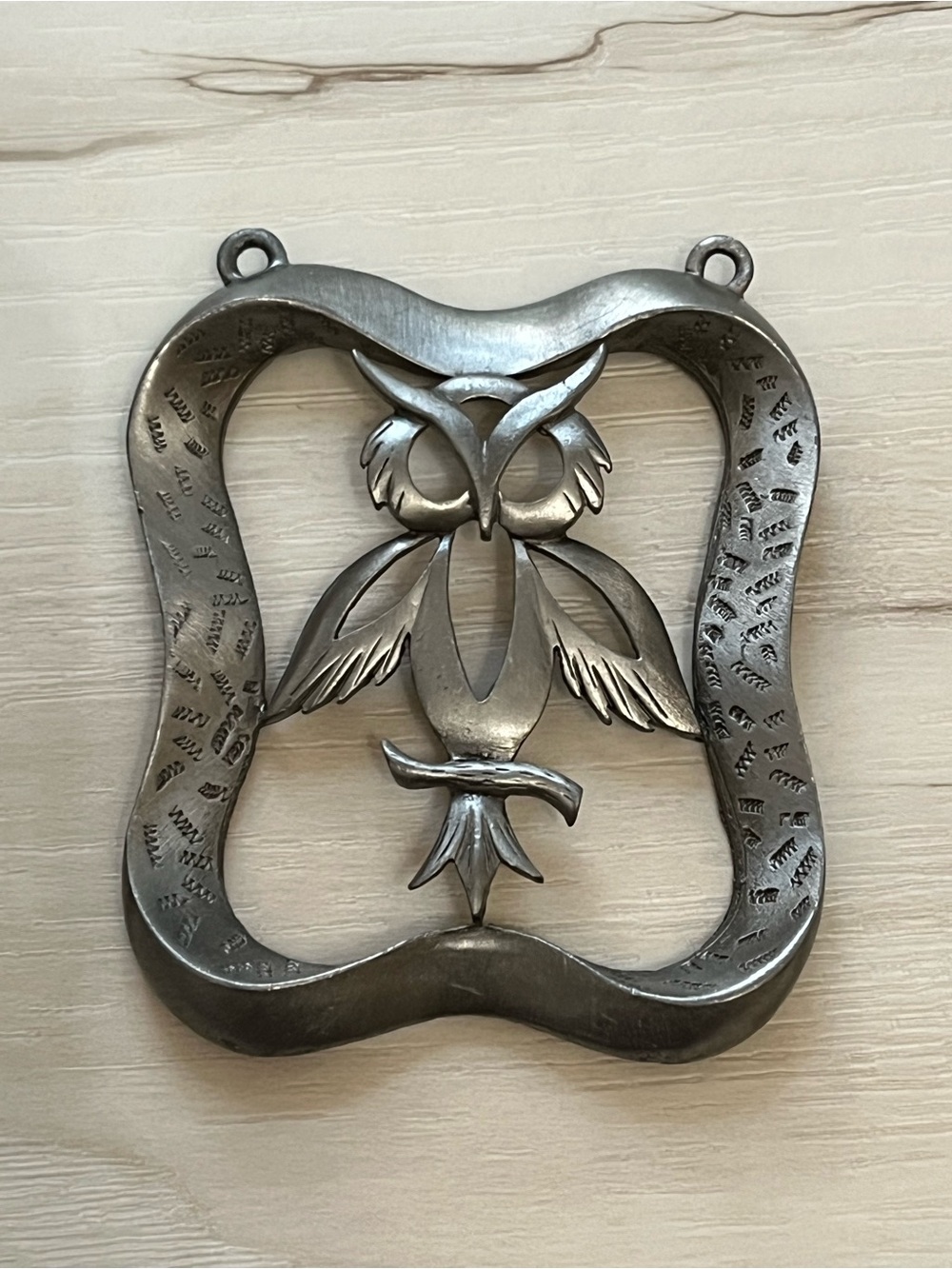 VTG MCM Pewter Tone Owl Pendant Brutalist